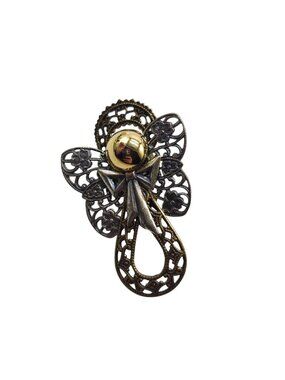 Vintage Brass Silver-Tone Angel Brooch Filigree Design 2 Inches
